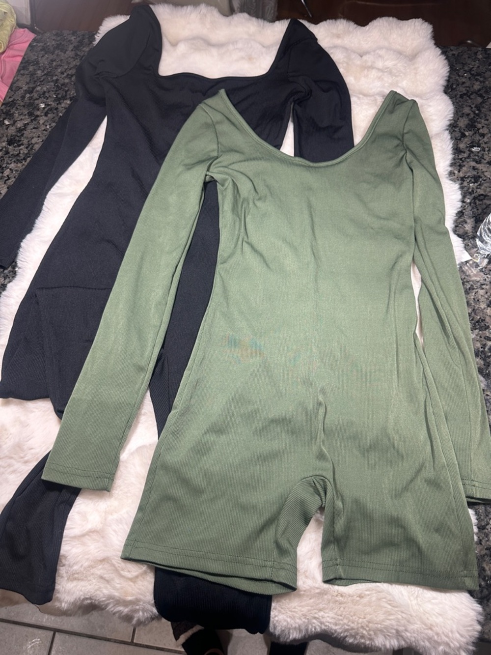Ribbed black & olive Long-Sleeve Square/ round Neck jumpsuit - Black & Olive